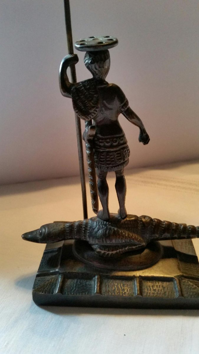 Funny Bronze Subject Representing A Warrior Standing On A Crocodile-photo-4