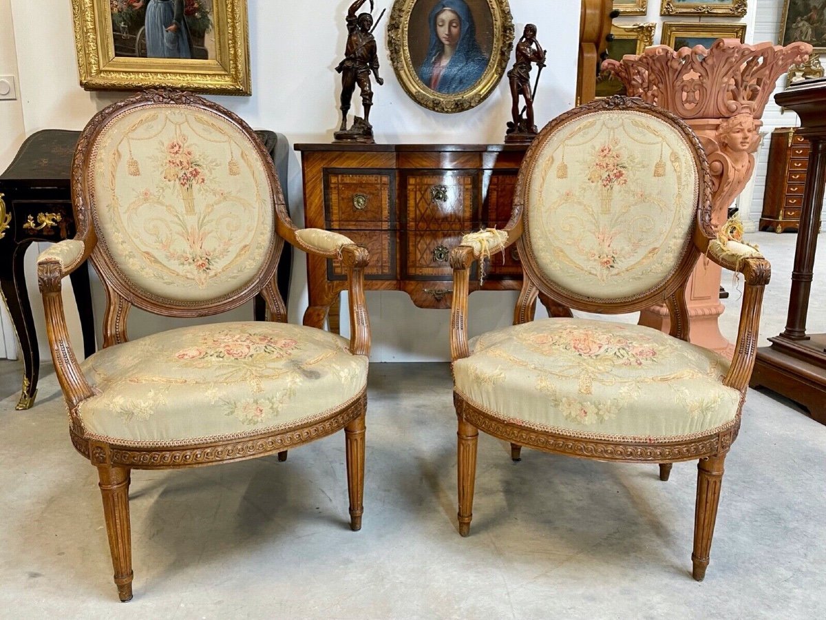 Pair Of Louis XVI Style Tapestry Armchairs-photo-2