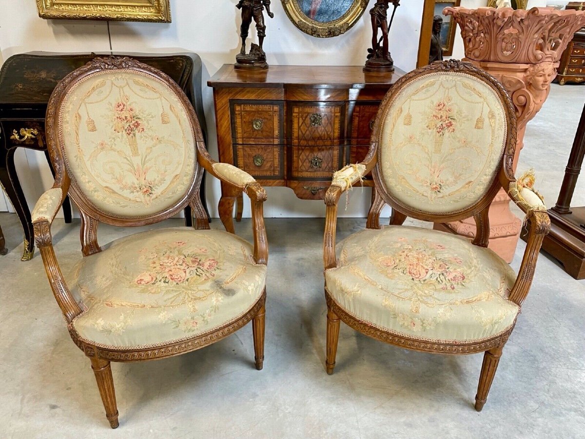 Pair Of Louis XVI Style Tapestry Armchairs