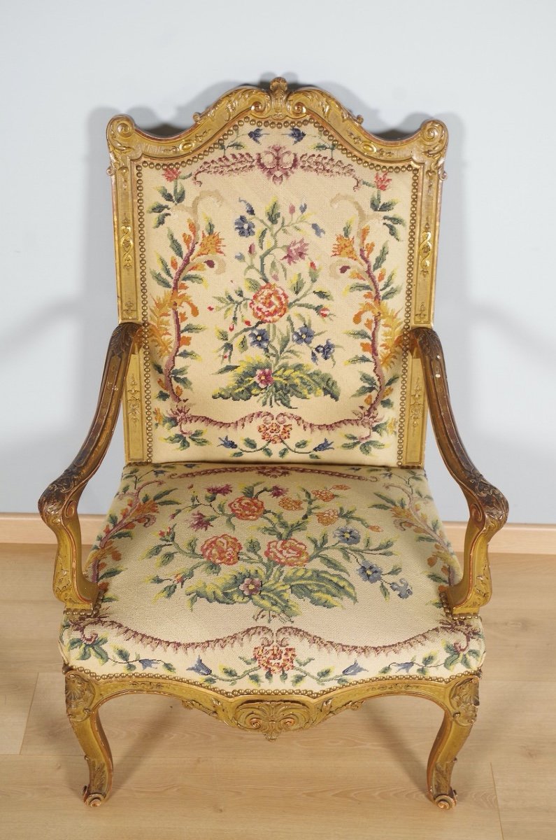 Fauteuil doré style Régence tapisserie petit point-photo-2