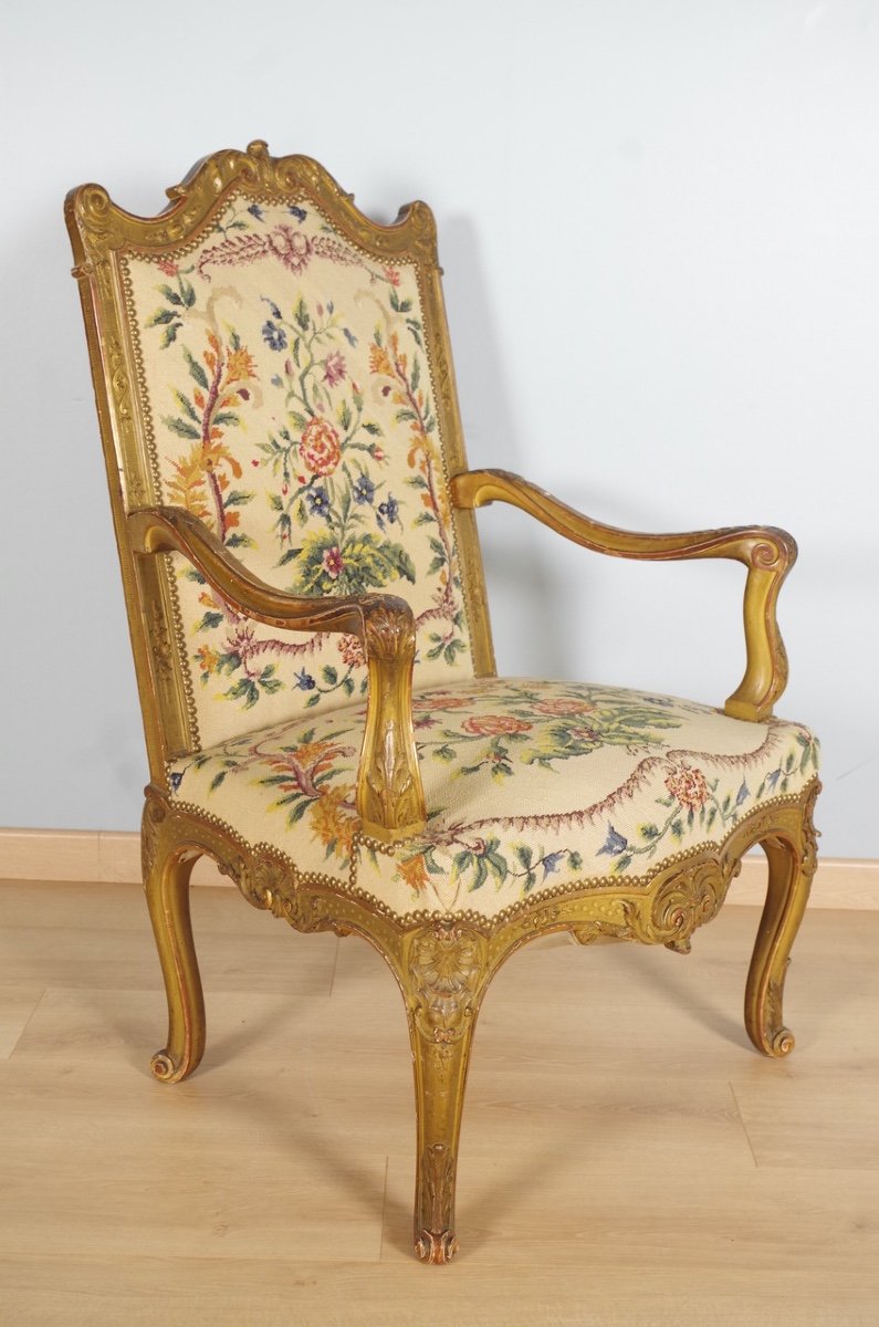 Fauteuil doré style Régence tapisserie petit point-photo-1