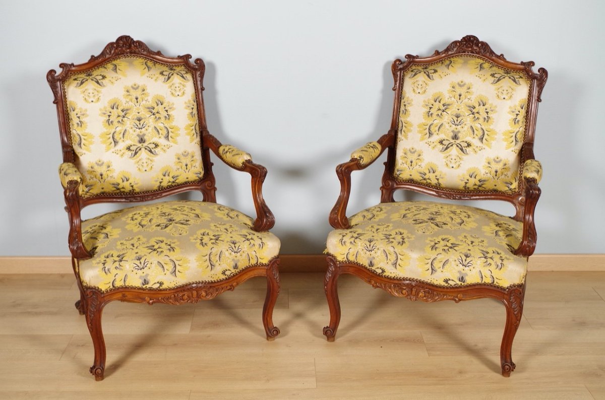 Pair Of Louis XV Style Walnut Armchairs 1900