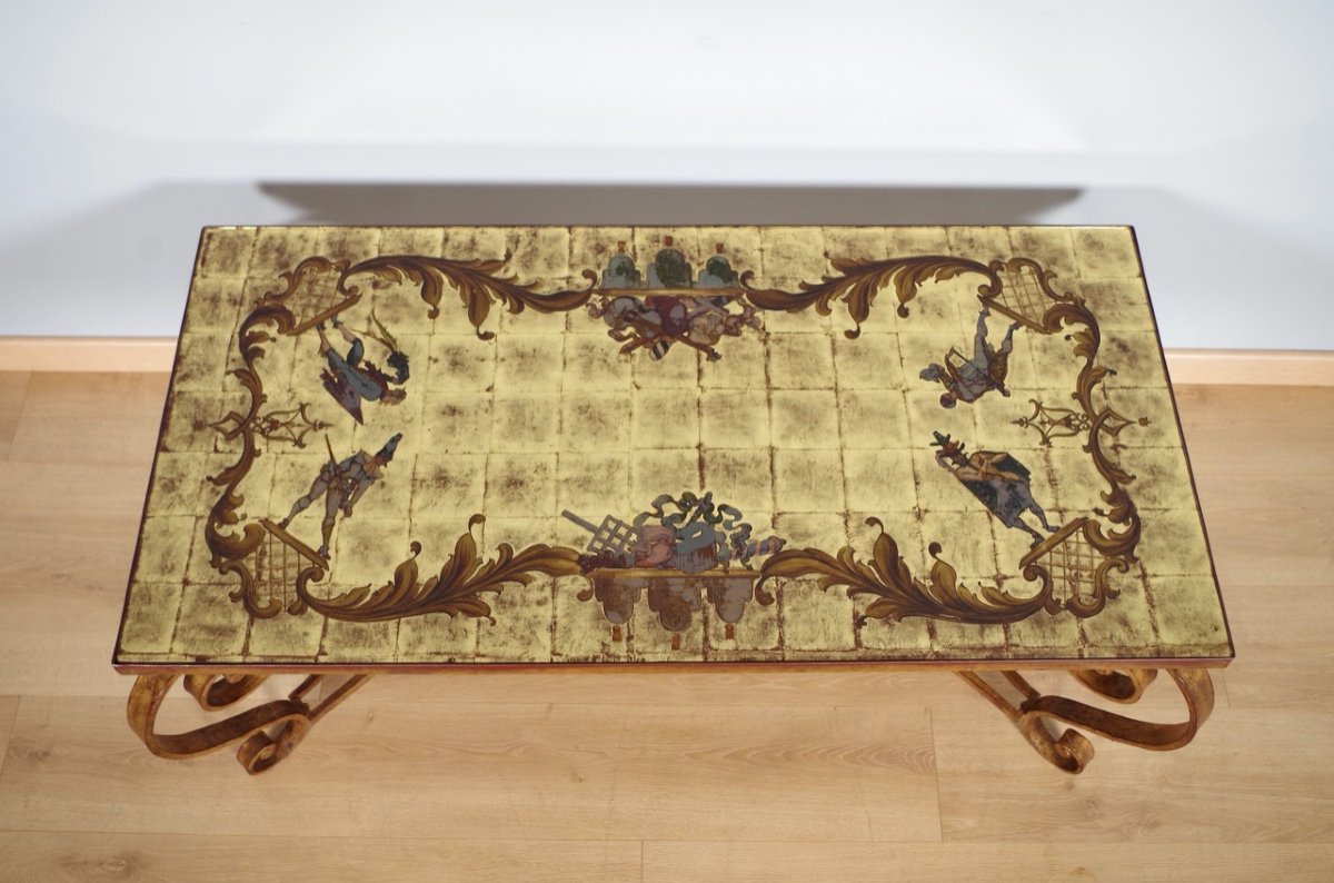 Commedia Dell'arte Wrought Iron And Eglomised Glass Coffee Table-photo-3