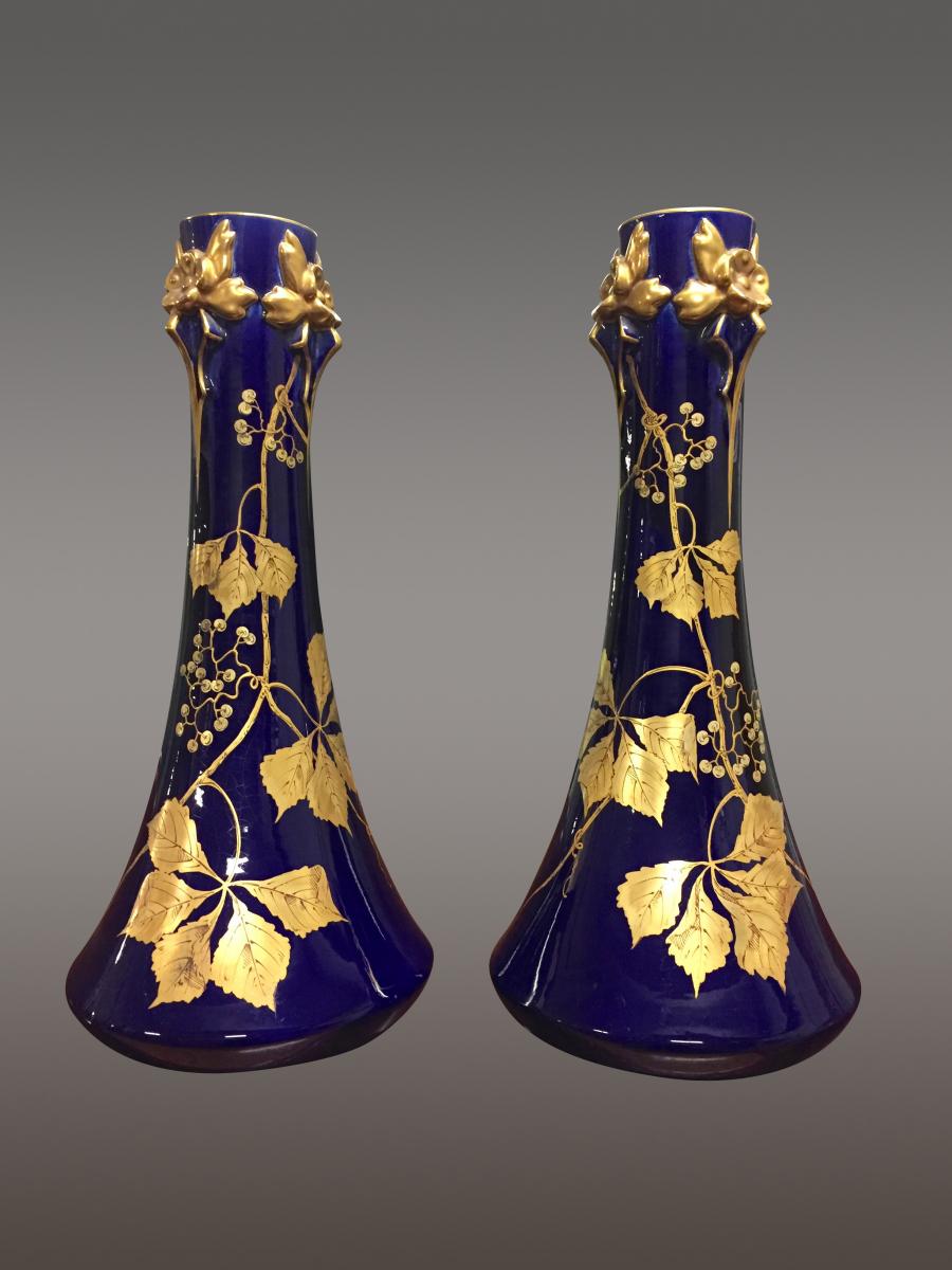 Paire De Grands Vases Porcelaine Art-Nouveau