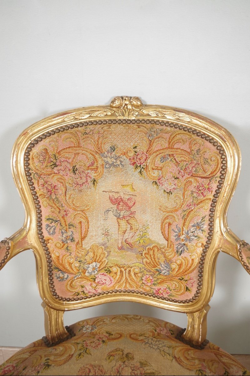 Louis XV Style Golden Wood Armchairs Petit Point-photo-1