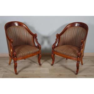 Pair Of Wing Chairs In The Restoration Style With Swan Necks