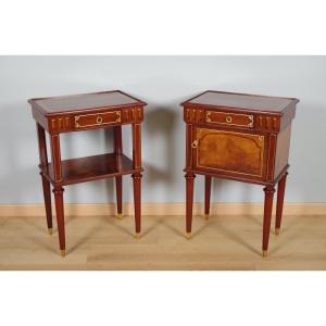 Pair Of Louis XVI Style Bedside Tables With Gilded Bronze Marquetry