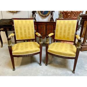 Pair Of Return From Egypt Style Armchairs In Gilded Bronzes
