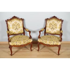 Pair Of Louis XV Style Walnut Armchairs 1900