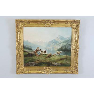 Théodore Lévigne: Shepherdess And Sheep In The Mountains