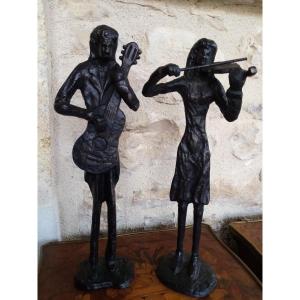 Pair Of Giacometi Modern Art Bronze Statues
