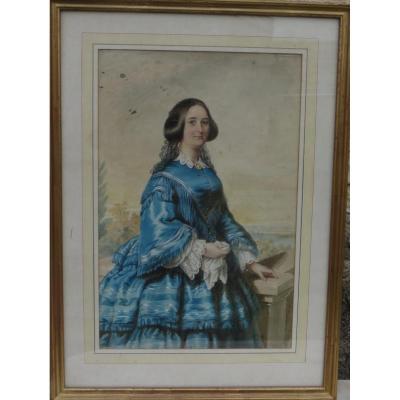 Grande Aquarelle Jeune Femme Aux Bijoux Epoque Victorienne British XIXè