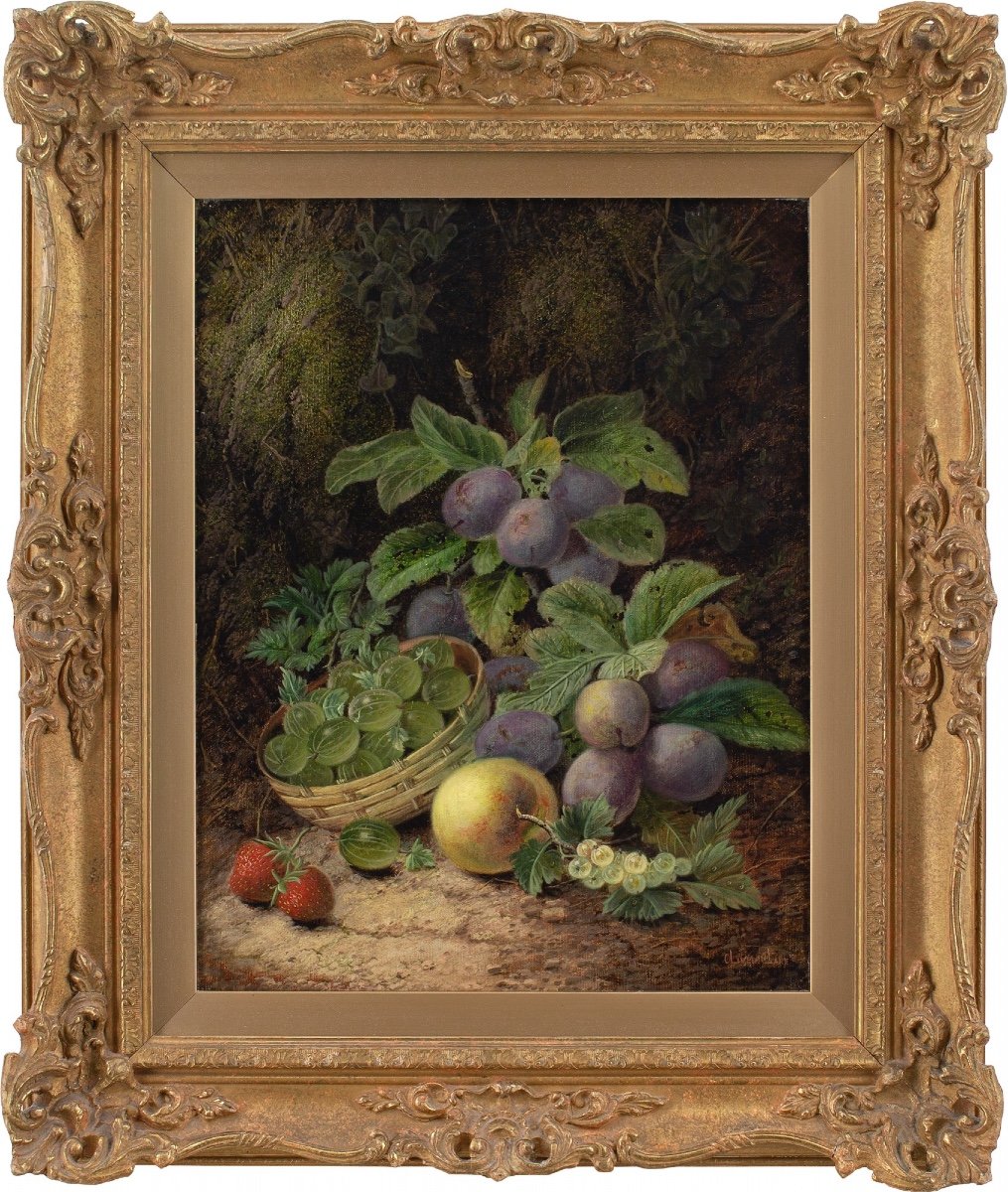 Oliver Clare, Still Life With Basket, Plums, Gooseberries, Apples And Strawberries