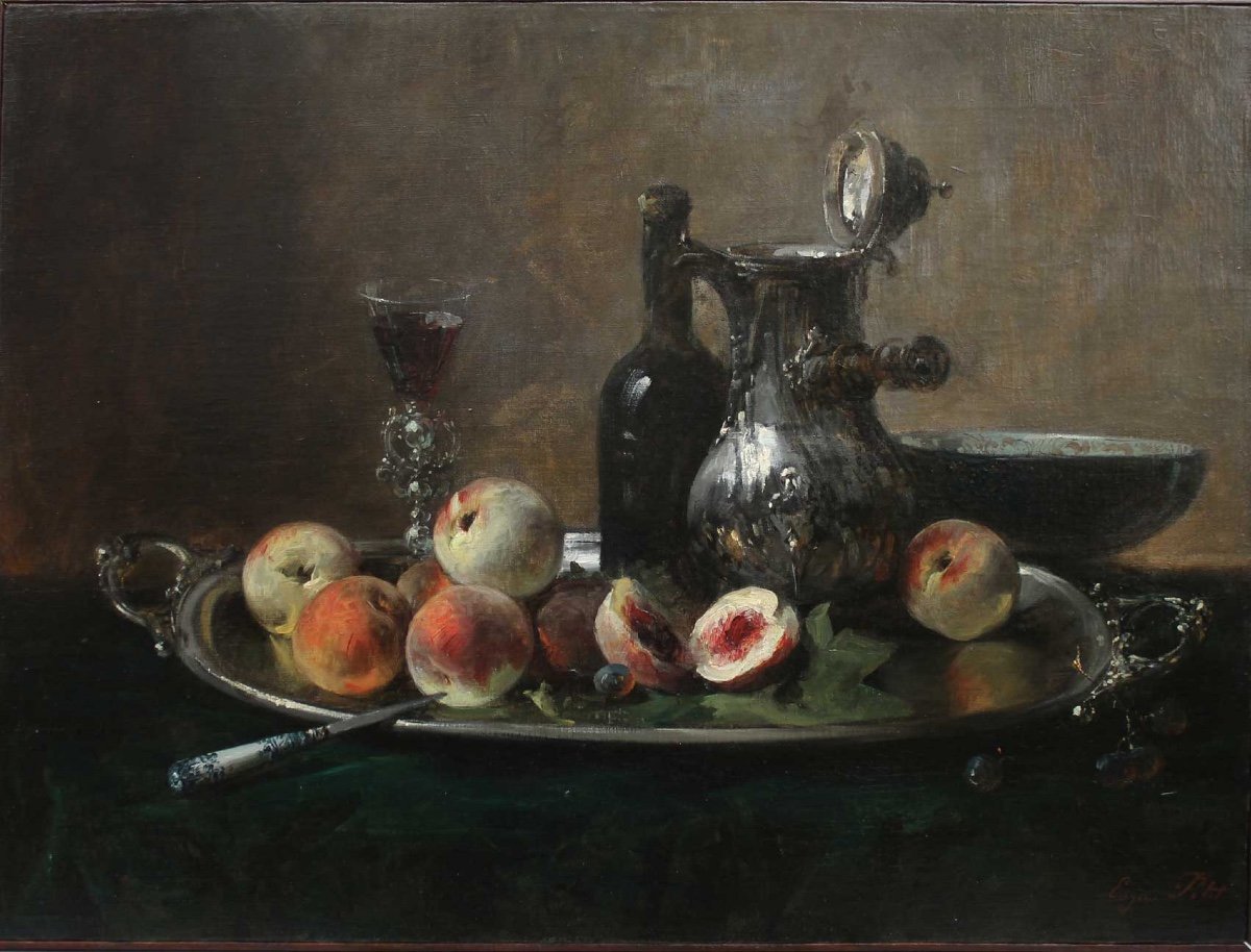  Eugene Petit, Nature Morte Au Pêches Et Cafetière d'Argent