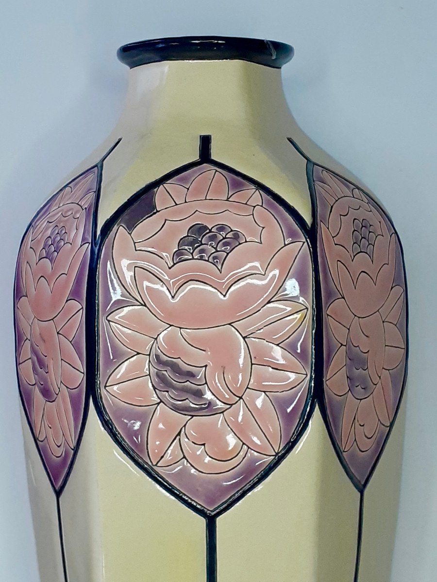 Large Longwy Enameled Ceramic Vase, Hexagonal, Decorated With Pink Flowers-photo-2