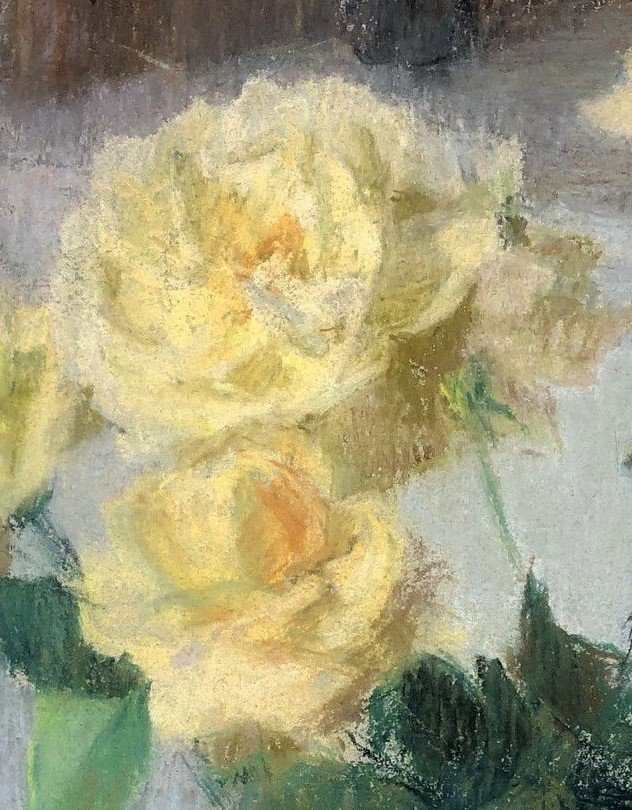 Yellow Roses, Pastel On Paper By Ernest Quost (1842-1931)-photo-2