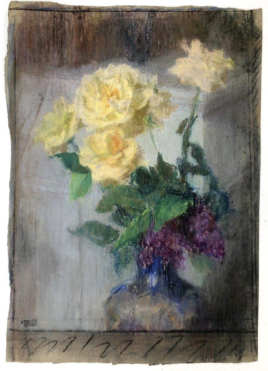 Yellow Roses, Pastel On Paper By Ernest Quost (1842-1931)
