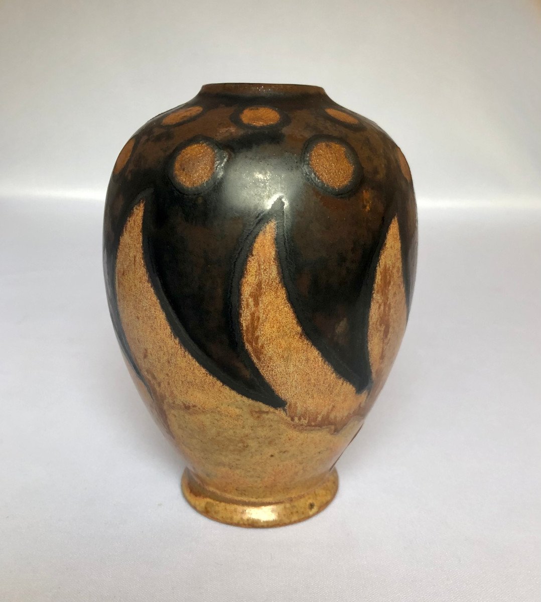 Small Odetta Vase Decorated With Stylized Waves And Brown Dots By Georges Brisson - Brittany-photo-2