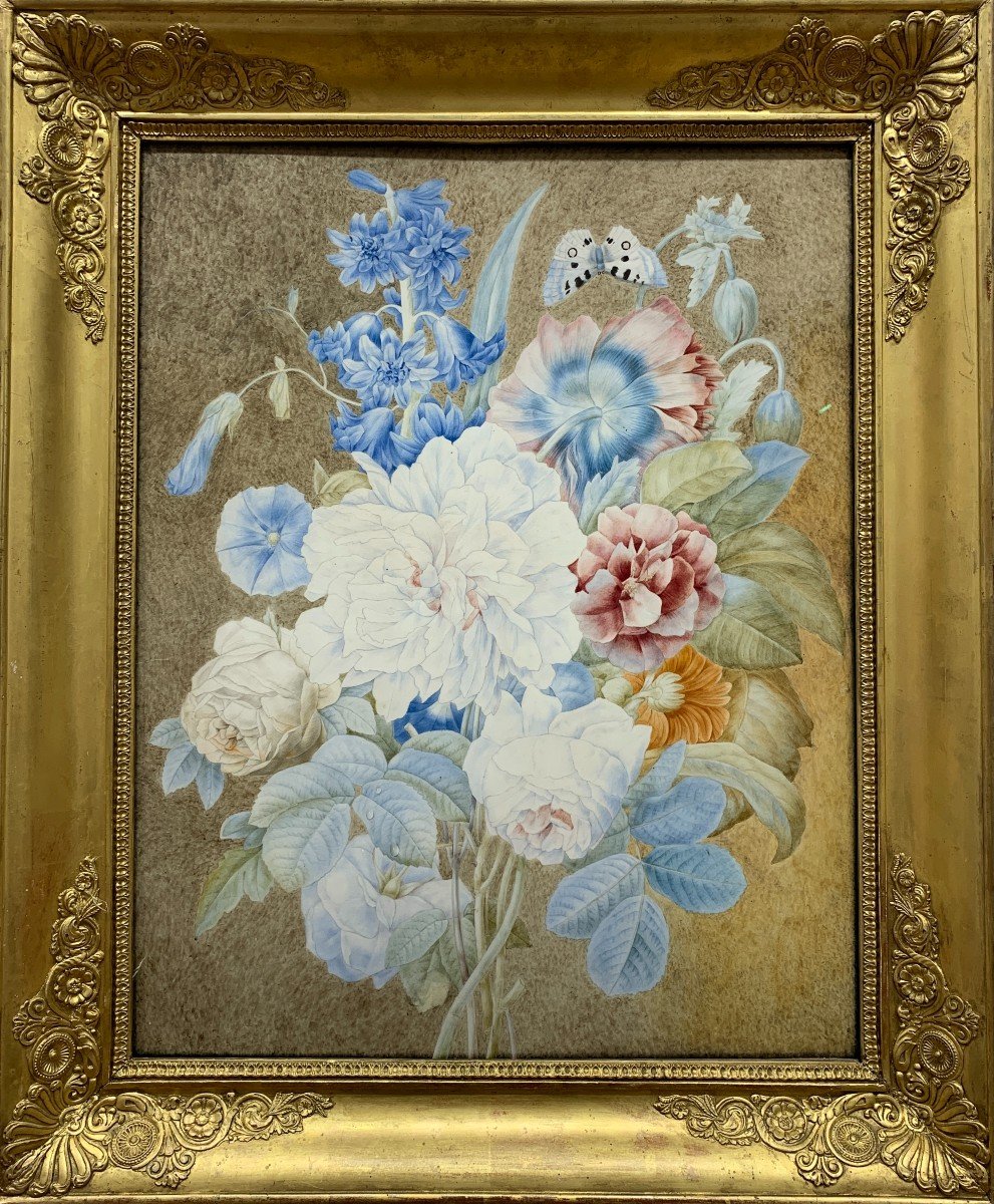 Bouquet Of Flowers, Watercolor Marouflaged By Pierre-joseph Redouté (workshop)