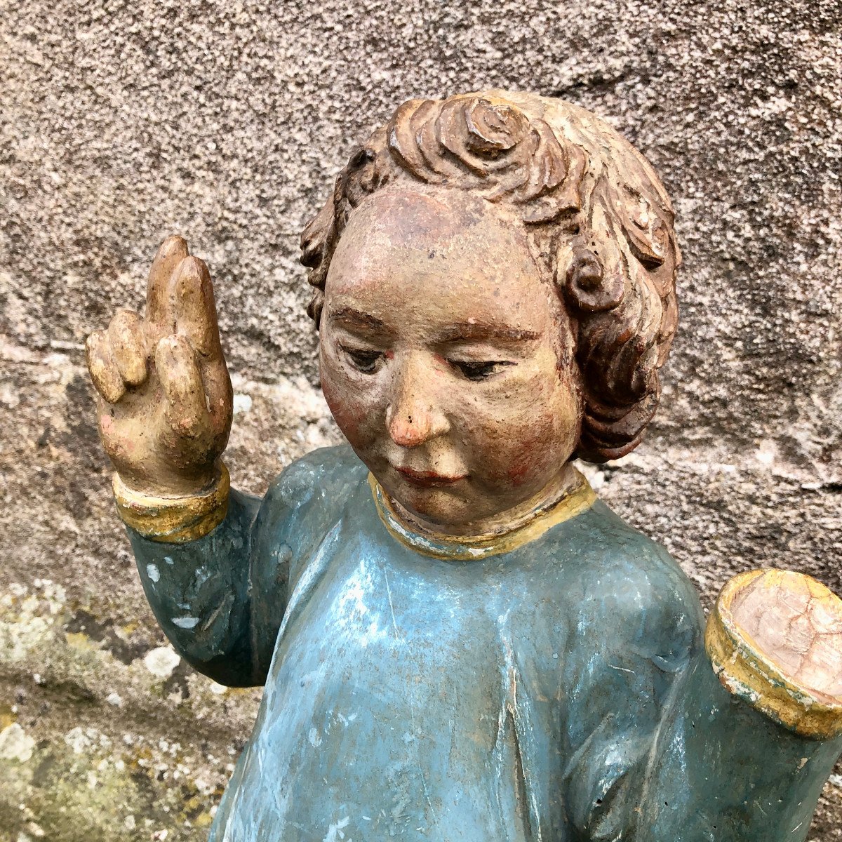 Polychrome Wooden Cherub, Late 17th Century-photo-3