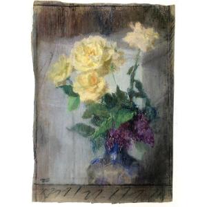 Roses Jaunes, Pastel Sur Papier Par Ernest Quost (1842-1931)