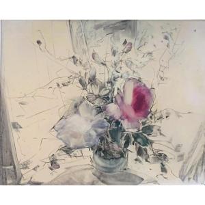Tableau Peinture Huile Sur Toile, Vintage Rose Rose Fleur Feuilles Vertes  Art Abstrait Oeuvre Moderne Sans Cadre Peint À La Main Peintures À L'Huile