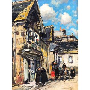 Animation In A Rue Du Faouët By Eugène Villon - Brittany