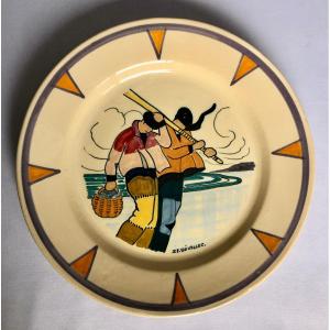 Plate Decorated With Two Fishermen In The Wind By Jim Sévellec - Brittany