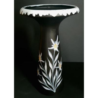 Large Anthracite Earthenware Vase With Edelweiss Decoration - Circa 1960