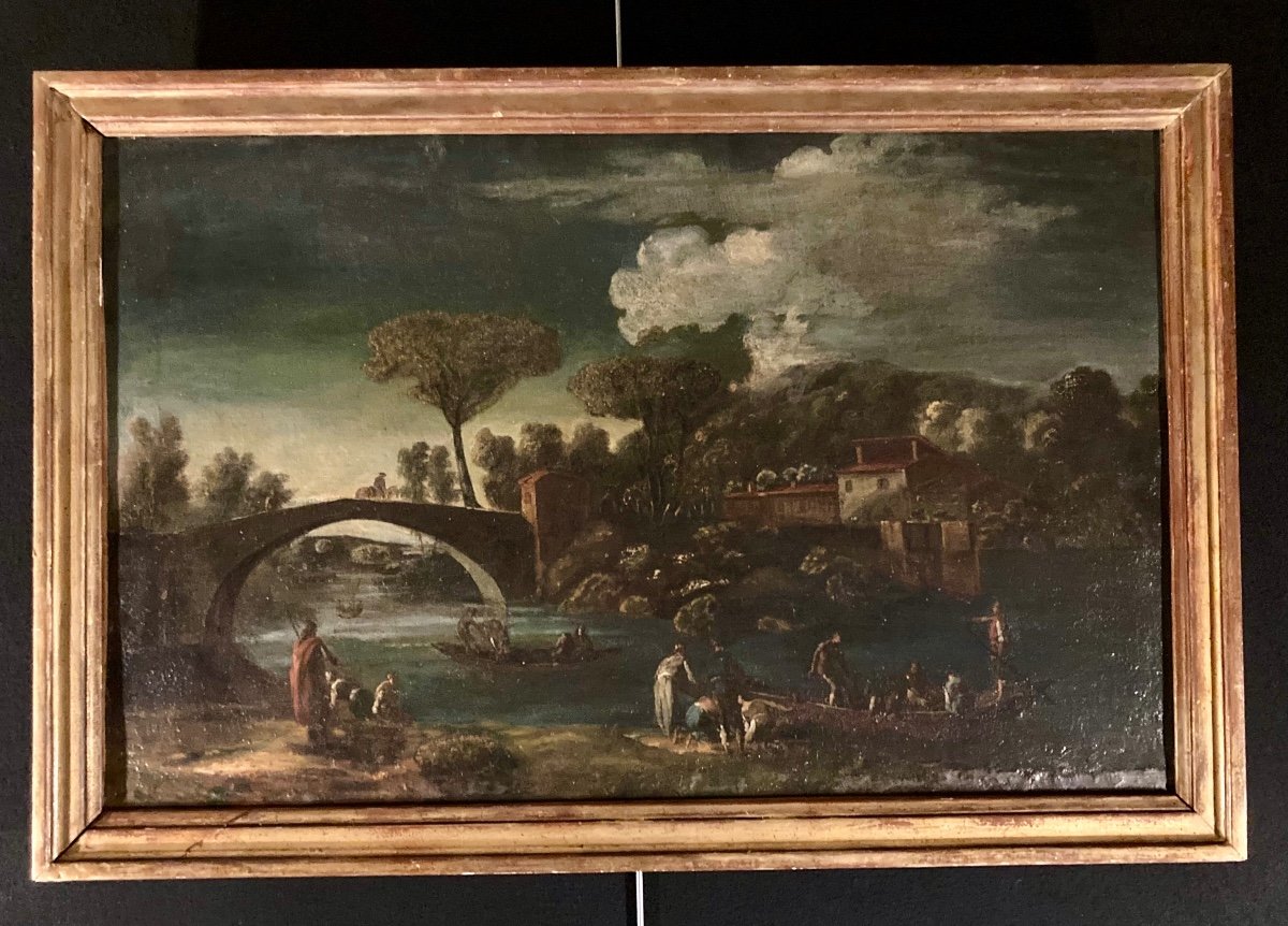 Huile Sur Toile Fin XVIII éme Siècle ,  Bord De Rivière Animé 