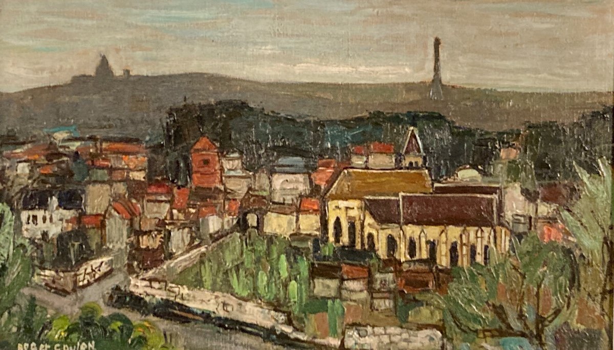 Painting By Roger Coulon, View Of The Town Of Groslay-photo-3