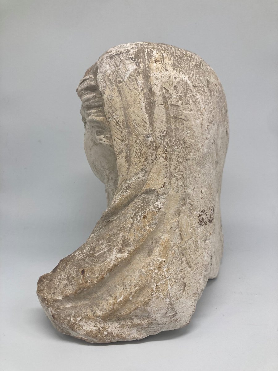 Sculpture Of A Female Bust In Limestone Stone.-photo-3