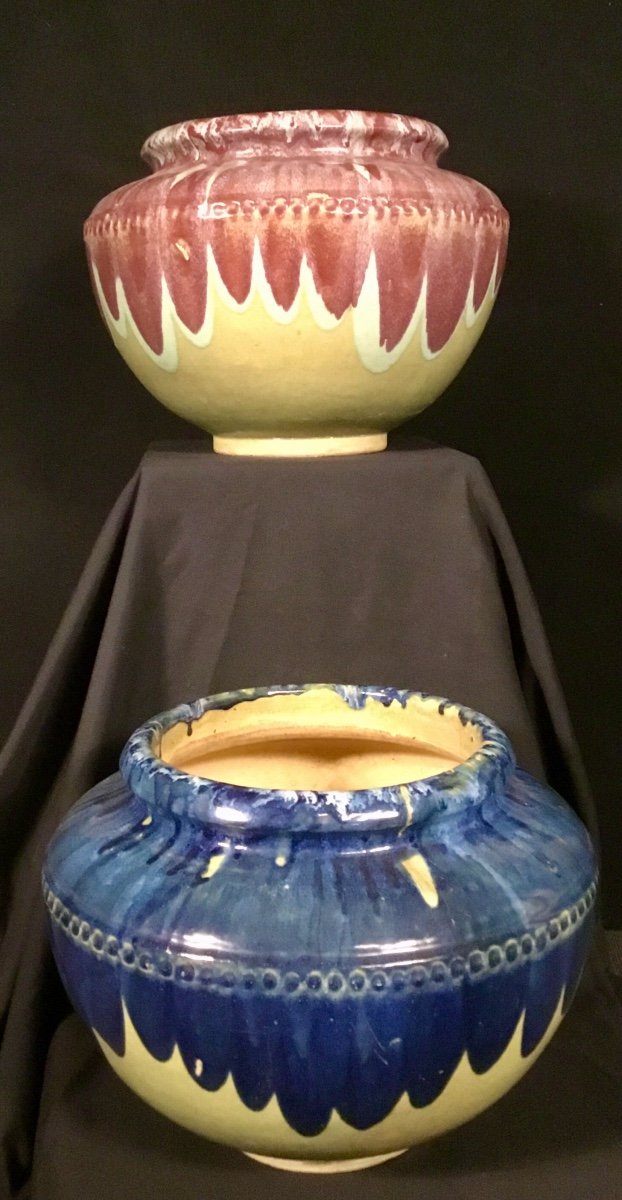 Pair Of Enamelled Stoneware Pots