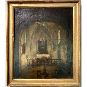 Huile Sur Toile Début XIX éme Siècle D’un Intérieur D’une église 