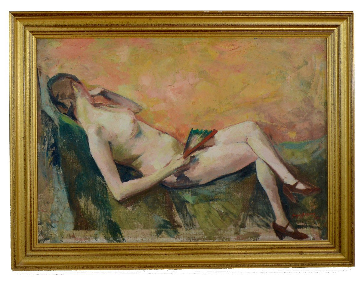 Jacques Bergmans “reclining Nude With A Fan” Oil On Canvas 20th Century-photo-3