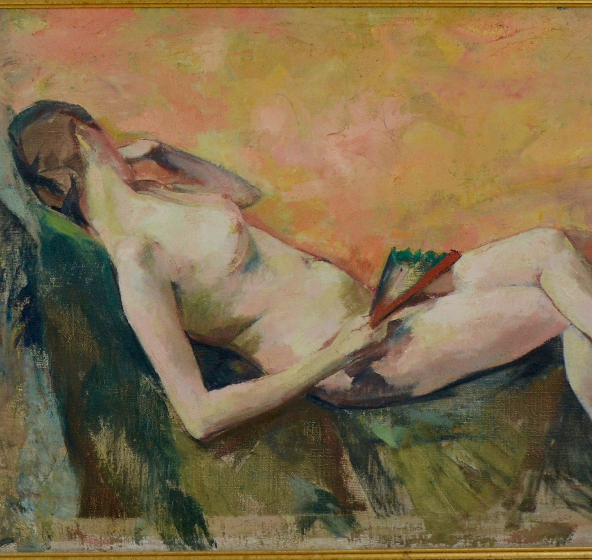 Jacques Bergmans “reclining Nude With A Fan” Oil On Canvas 20th Century-photo-2