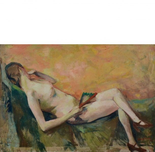 Jacques Bergmans “reclining Nude With A Fan” Oil On Canvas 20th Century