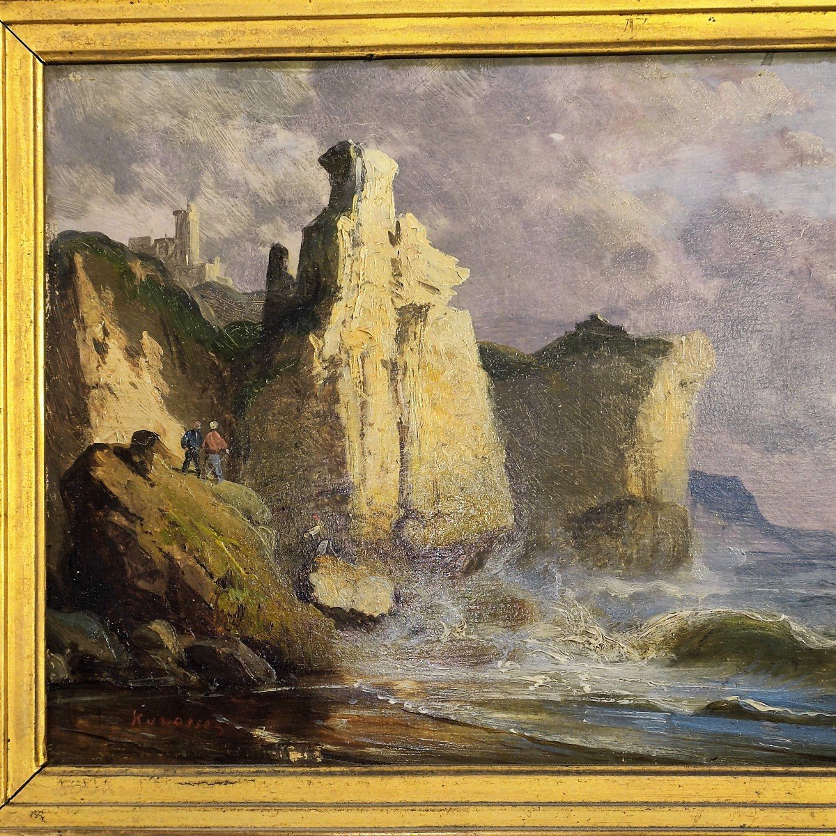 Oil On Wood Panel Kuwasseg View Of Coastal Cliffs-photo-2