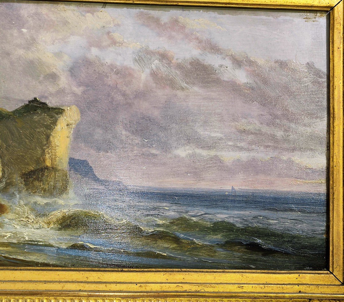 Oil On Wood Panel Kuwasseg View Of Coastal Cliffs-photo-1