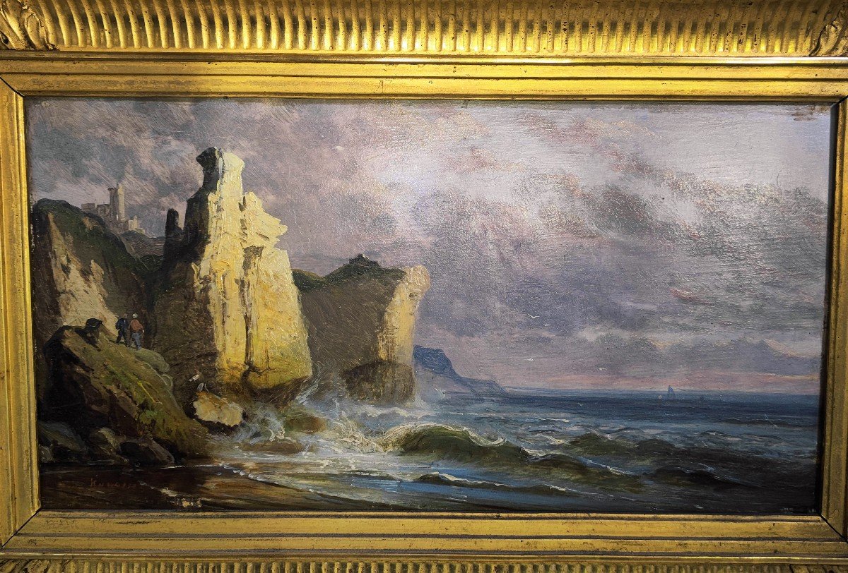 Oil On Wood Panel Kuwasseg View Of Coastal Cliffs-photo-3