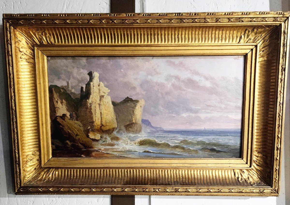 Oil On Wood Panel Kuwasseg View Of Coastal Cliffs