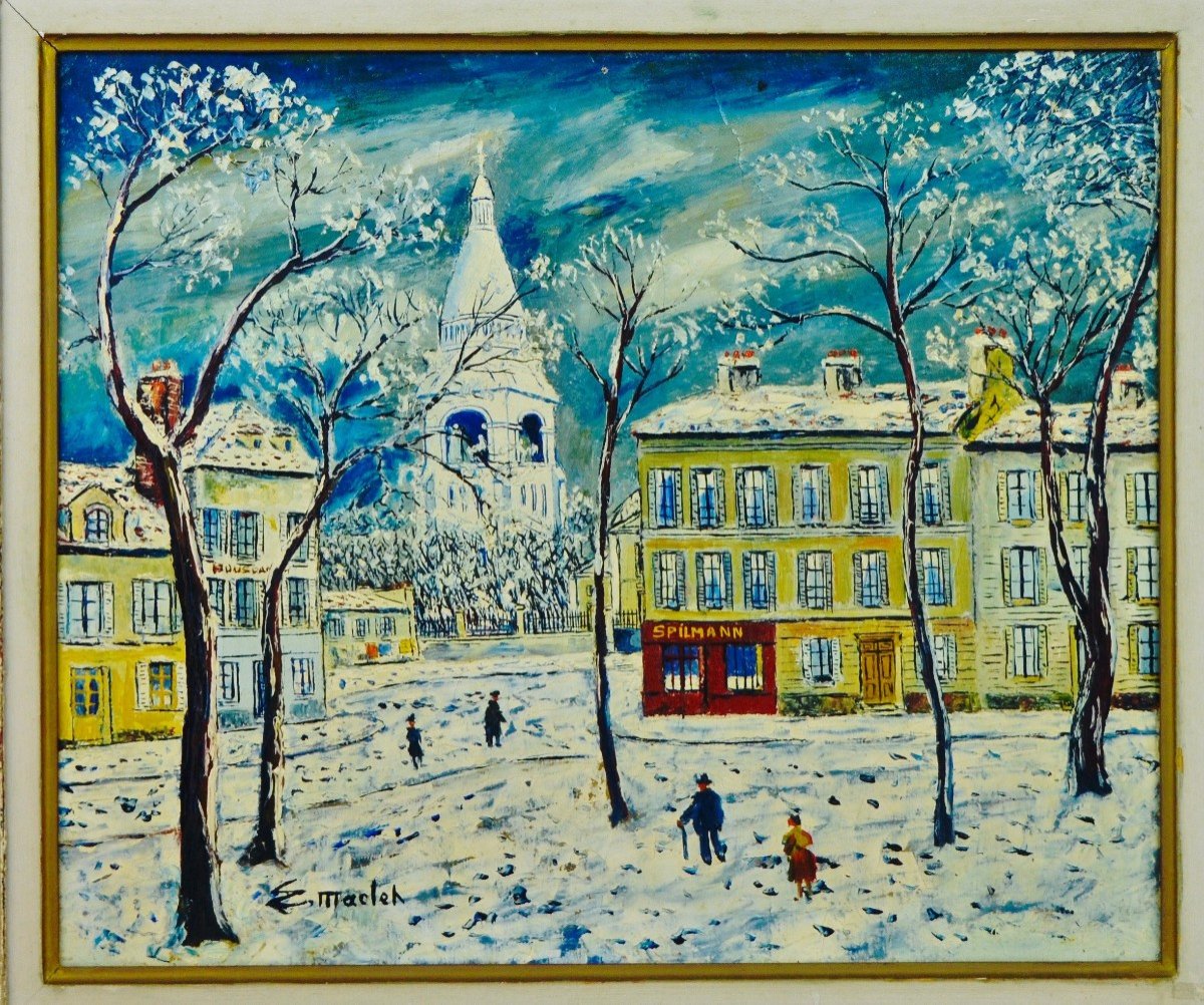 élisée Maclet “montmartre Under The Snow” Oil On Canvas 20th Century-photo-2