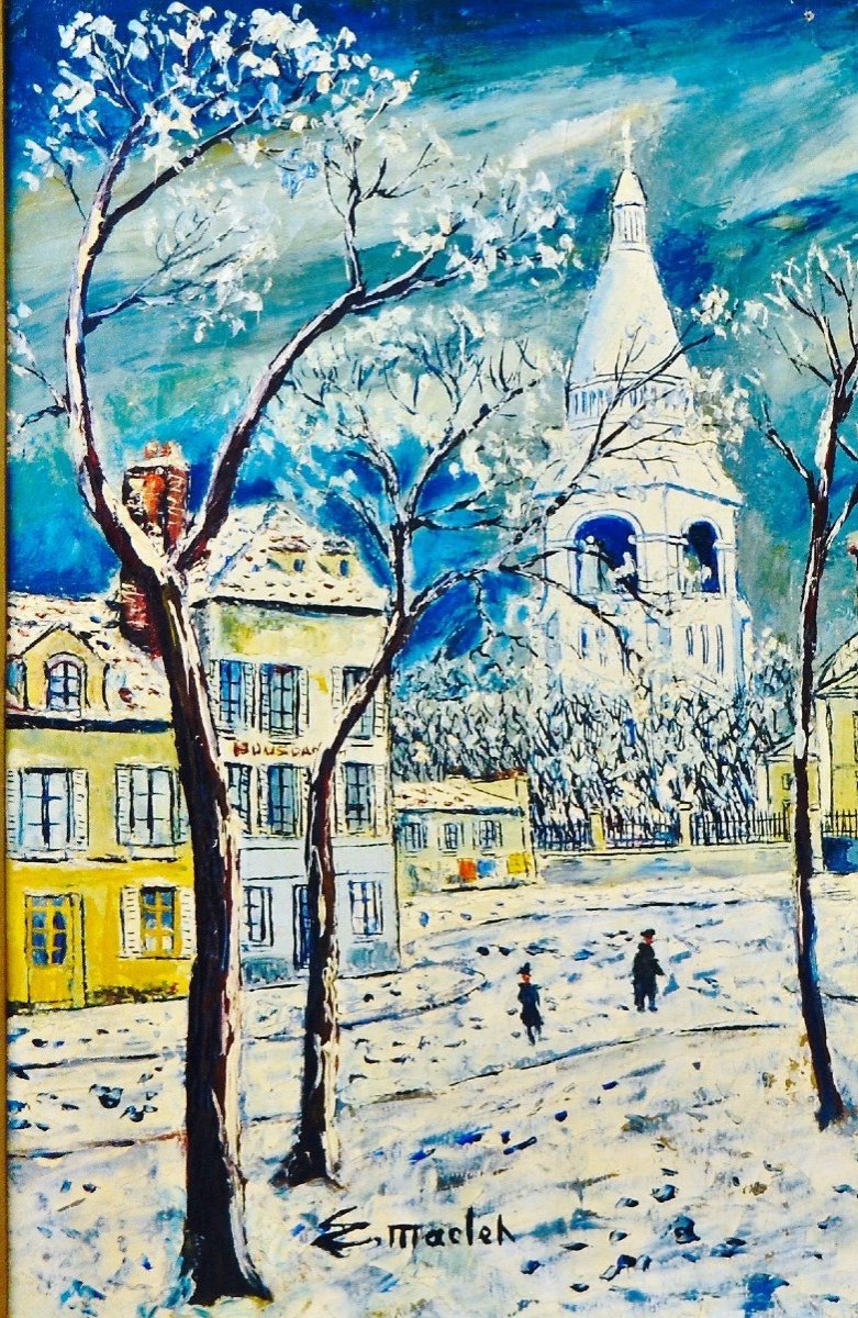 élisée Maclet “montmartre Under The Snow” Oil On Canvas 20th Century-photo-1