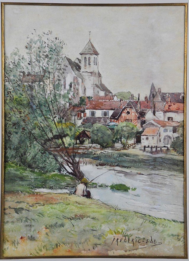 Paire D’ Aquarelles Sur Canson Frédéric-charles-vipont Ede    « Pécheur Sur Les Bord Du Lunain -photo-4