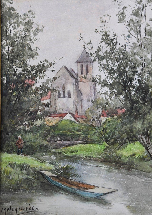 Paire D’ Aquarelles Sur Canson Frédéric-charles-vipont Ede    « Pécheur Sur Les Bord Du Lunain -photo-5