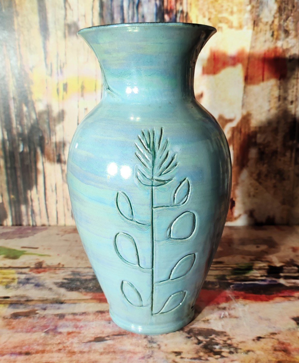 Important Vase In Glazed Ceramic In "turquoise" Blue From Accolay Circa 1950.-photo-2