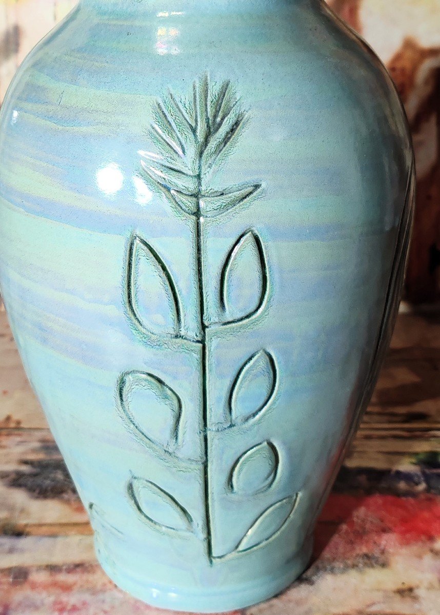 Important Vase In Glazed Ceramic In "turquoise" Blue From Accolay Circa 1950.-photo-4