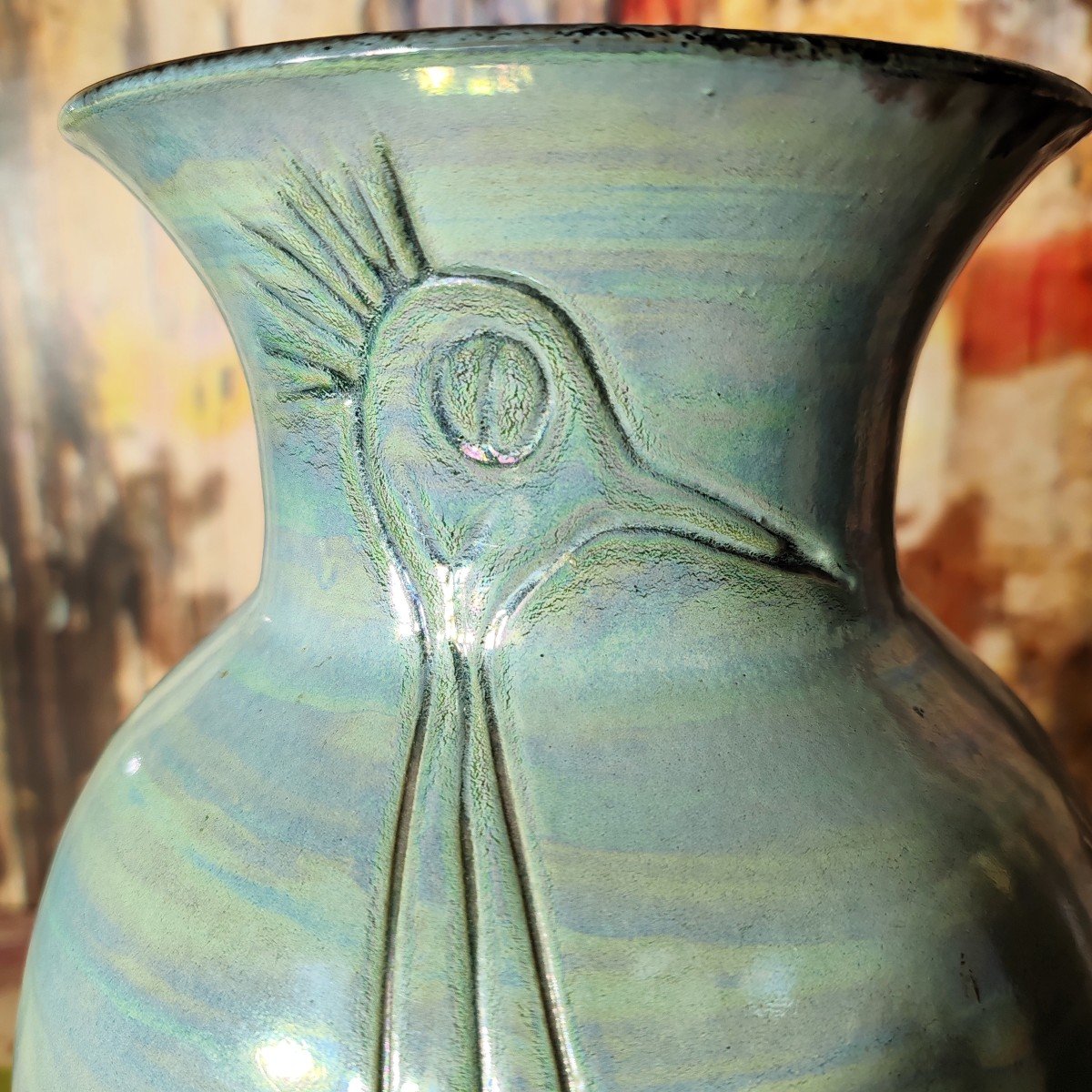 Important Vase In Glazed Ceramic In "turquoise" Blue From Accolay Circa 1950.-photo-3