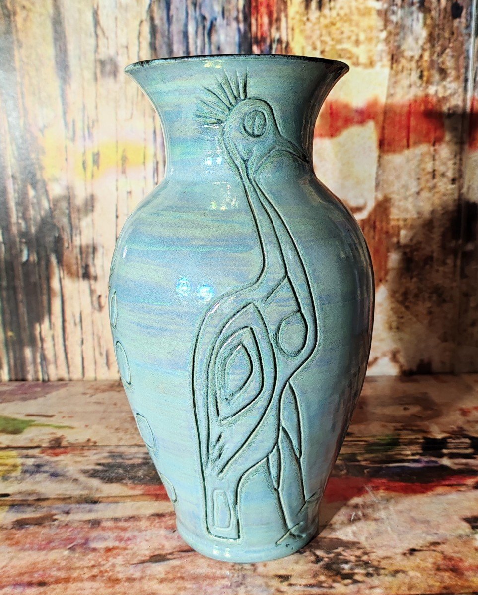 Important Vase In Glazed Ceramic In "turquoise" Blue From Accolay Circa 1950.