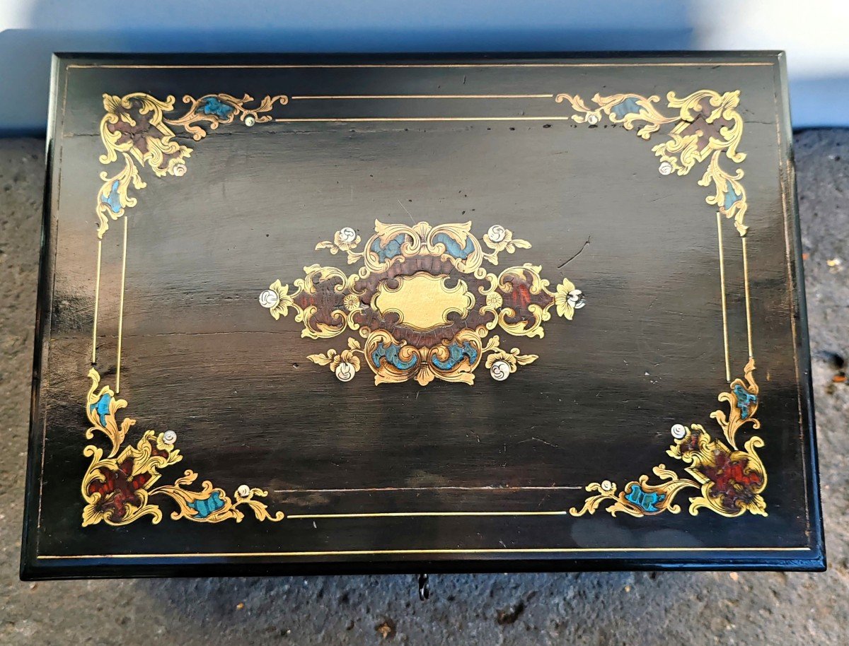 Coffret Susse Fréres Bois Noirci Marqueterie De Laiton, Nacre, écaille Bleu /rouge Napoléon III-photo-2